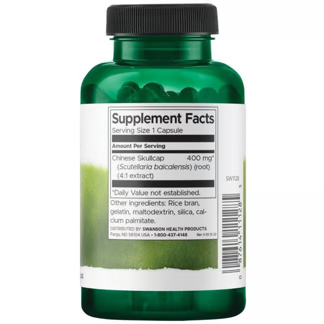 Green bottle labeled with supplement facts for Chinese Skullcap, a traditional Chinese medicine. Swanson's product offers 400 mg per capsule with ingredients like rice bran, gelatin, maltodextrin, silica, and calcium palmitate and includes 90 capsules.