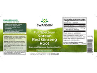 Thumbnail for Label of a Swanson bottle for the herbal supplement, Full Spectrum Korean Red Ginseng Root 400 mg 90 Capsules. The label claims benefits for brain and nervous system health, with added energy support to reduce fatigue. Contains 90 capsules with 400 mg per capsule.