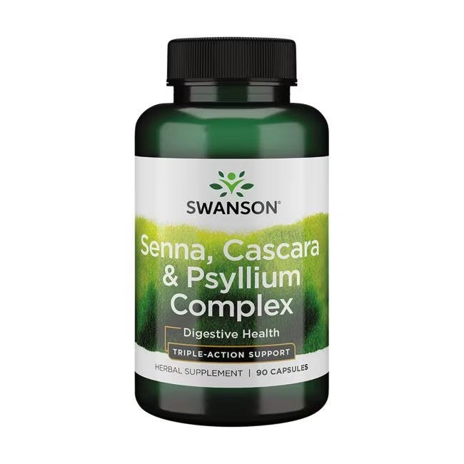 A bottle of Swanson Senna, Cascara & Psyllium Complex 90 Capsules, labeled for digestive health and body detoxification with triple-action support from natural herbs.