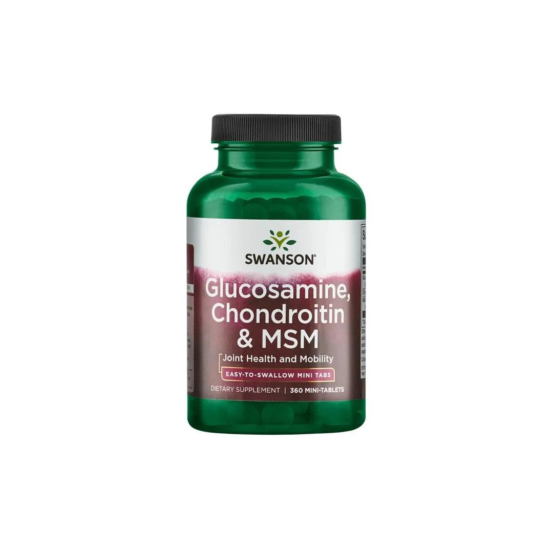 A bottle of Swanson Glucosamine, Chondroitin & MSM - 360 Mini-Tablets supplement with a green label, containing 350 mini tablets for joint health.