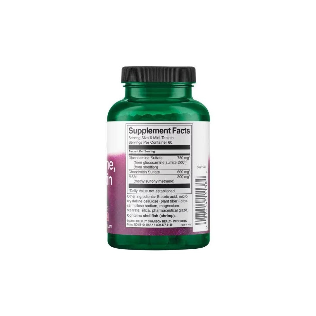 Green Swanson supplement bottle showing the label with Glucosamine, Chondroitin & MSM - 360 Mini-Tablets supplement facts and ingredients.