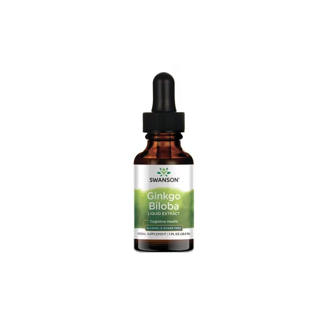 A bottle of Swanson Ginkgo Biloba Liquid Extract 250 mg 1fl oz (29.6 ml) with a dropper, labeled as a dietary supplement for cognitive function, against a white background.
