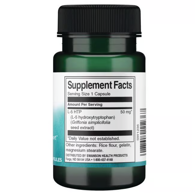 Swanson's 5-HTP Mood and Stress Support offers 60 capsules each with 50 mg of Griffonia simplicifolia seed extract for serotonin support.