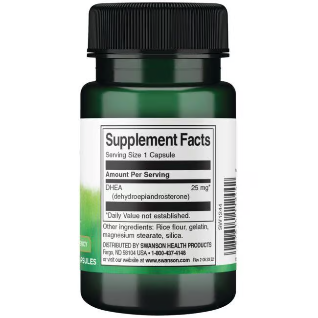 Swanson’s green bottle of DHEA 25 mg High Potency dietary supplements contains 30 capsules, showcasing supplement facts and ingredients for hormonal balance support, plus manufacturer details.