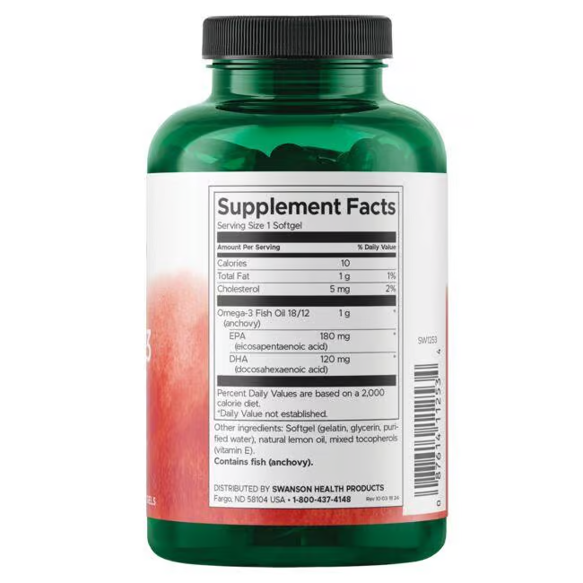 The green Swanson Omega-3 Fish Oil - Lemon Flavour 150 Softgels bottle features a label with supplement facts, including essential omega-3 fatty acids EPA and DHA, calories, total fat, fish oil, and natural lemon oil.