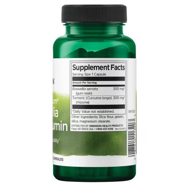 A green bottle of Swanson's Boswellia and Curcumin 60 Capsules prominently displays the label and supplement facts, highlighting its Boswellia serrata and turmeric content per capsule. Infused with curcumin for enhanced joint health, it's your daily ally in promoting overall wellness.