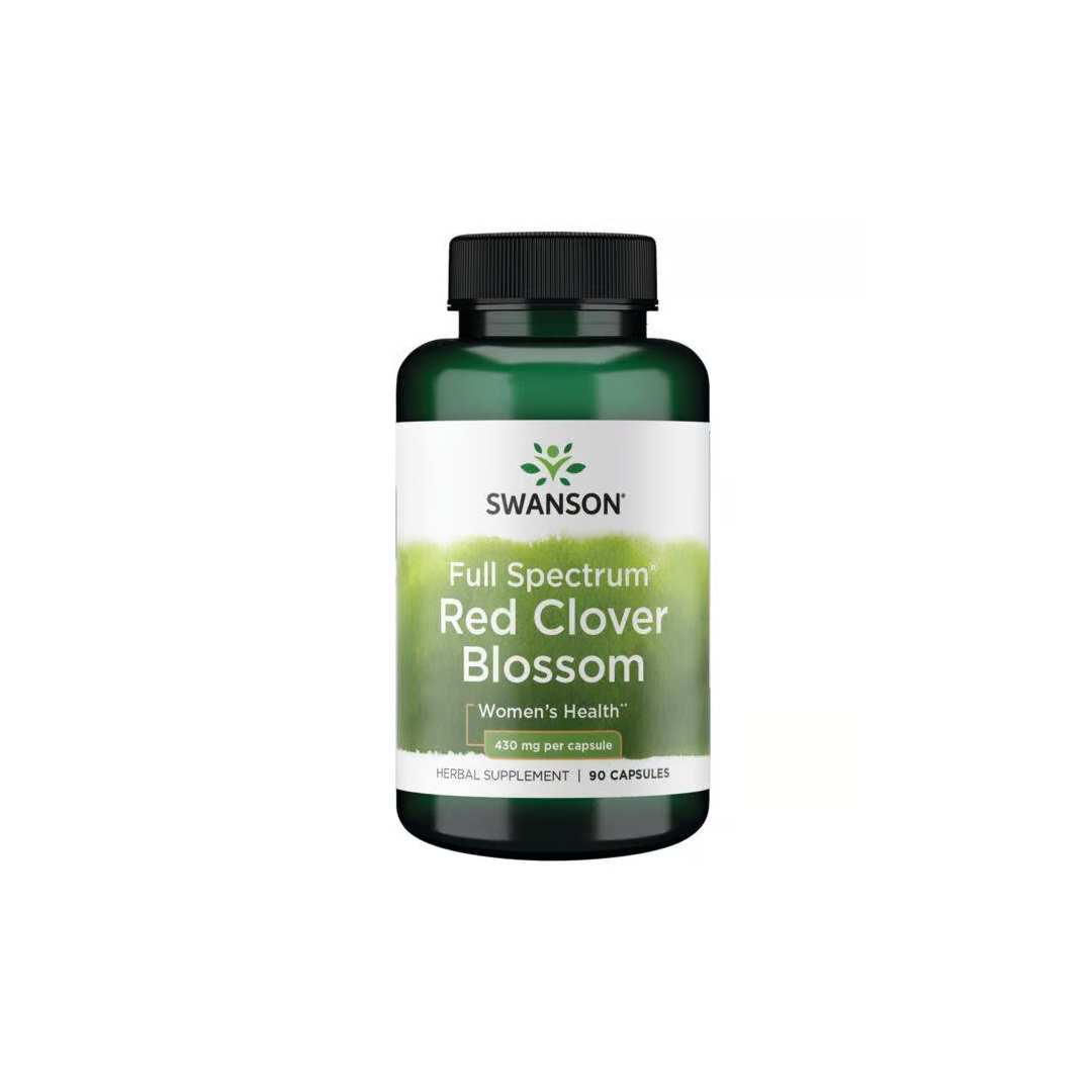 Swanson Full Spectrum Red Clover Blossom supplement, 430 mg per capsule with 90 capsules in total, is rich in isoflavones and supports menopause.