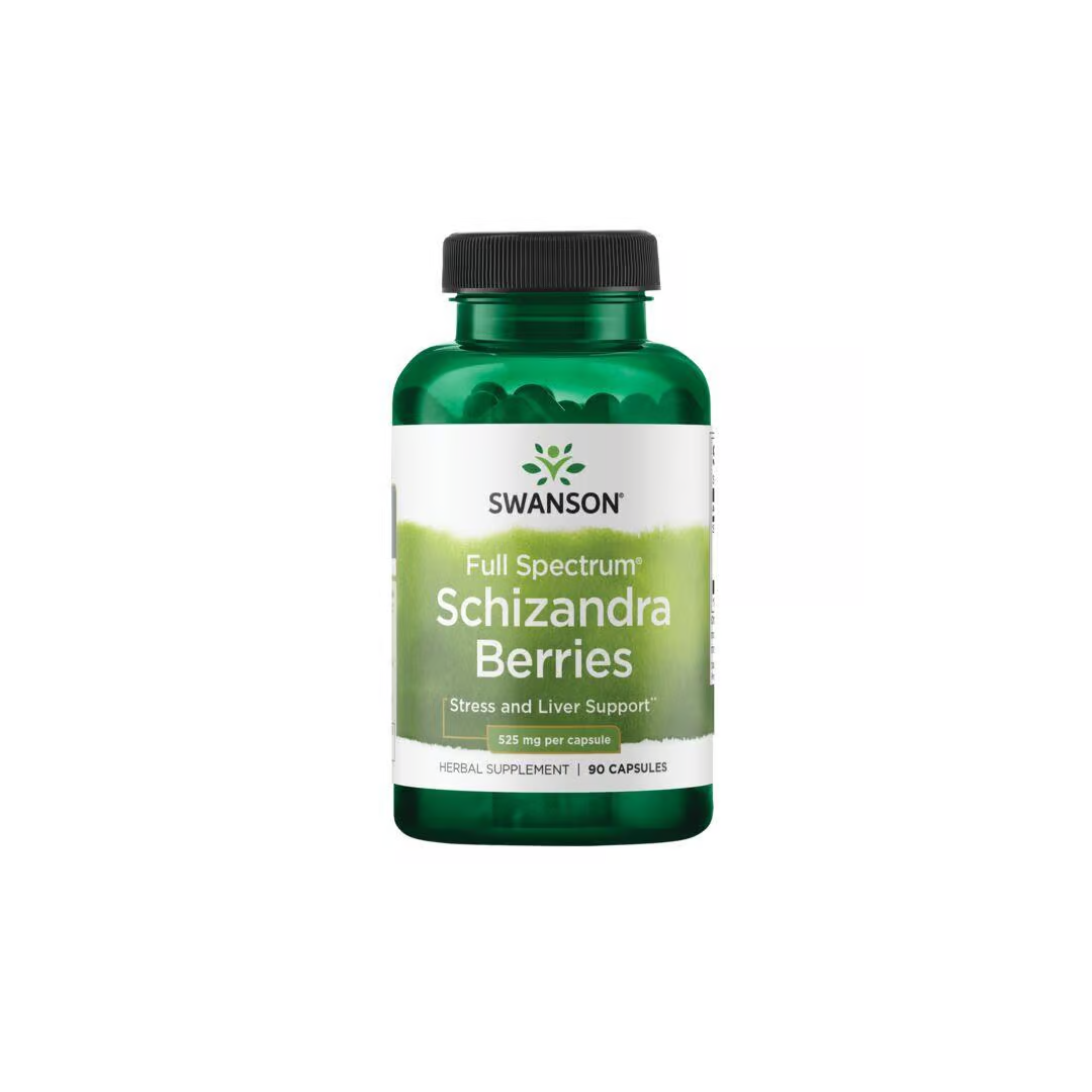 Green bottle of Swanson Schizandra Berries 525 mg, rooted in traditional Chinese medicine for stress and liver support, containing 90 capsules.