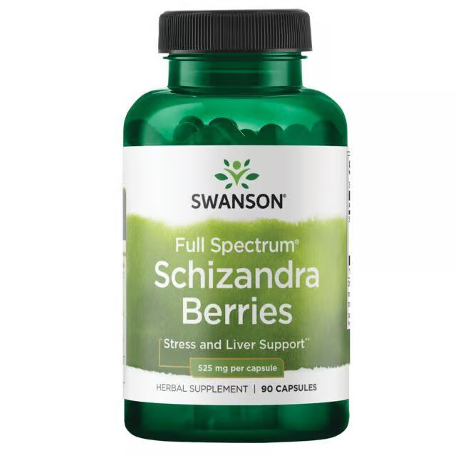 Swanson's Schizandra Berries 525 mg supplement, with 90 capsules, supports stress and liver health using traditional Chinese medicine insights for overall well-being.