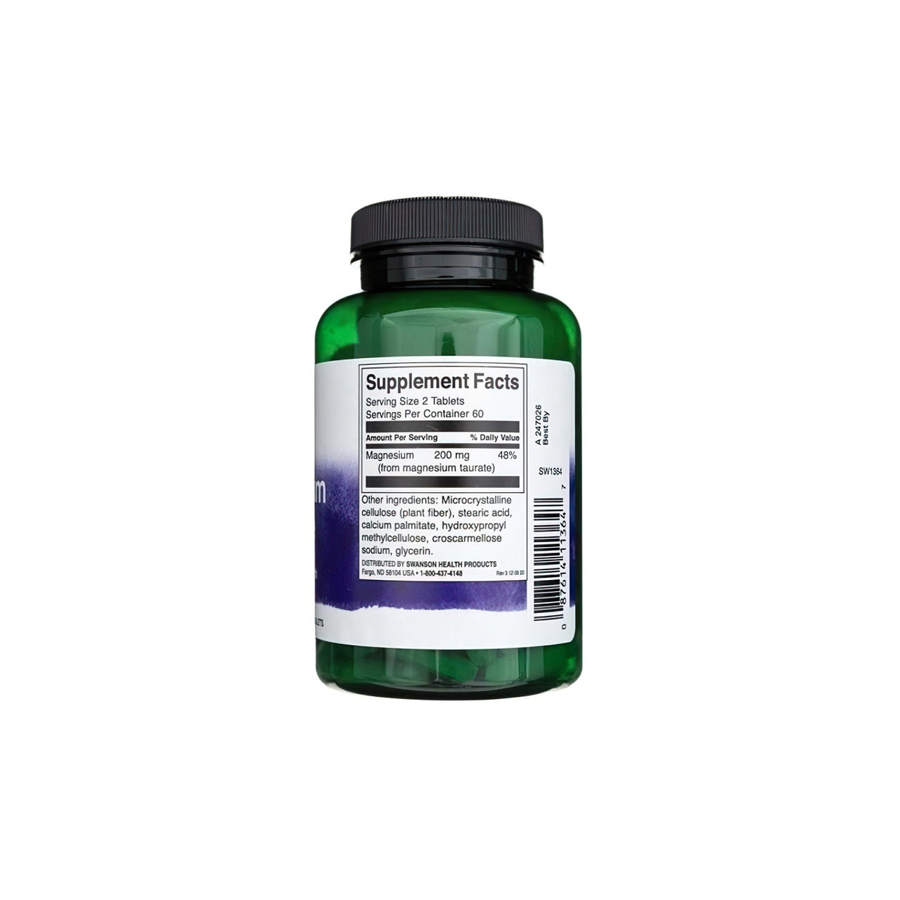 Eine Flasche Swanson Magnesium Taurat 100 mg 120 tab auf weißem Hintergrund.