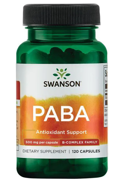 Eine Flasche Swanson PABA - 500 mg 120 Kapseln, ein antioxidatives Ergänzungsmittel, das die Gesundheit der Haut und die Bildung roter Blutkörperchen unterstützt.