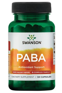 Vorschaubild für Eine Flasche Swanson PABA - 500 mg 120 Kapseln, ein antioxidatives Ergänzungsmittel zur Unterstützung der Hautgesundheit und der Bildung roter Blutkörperchen.