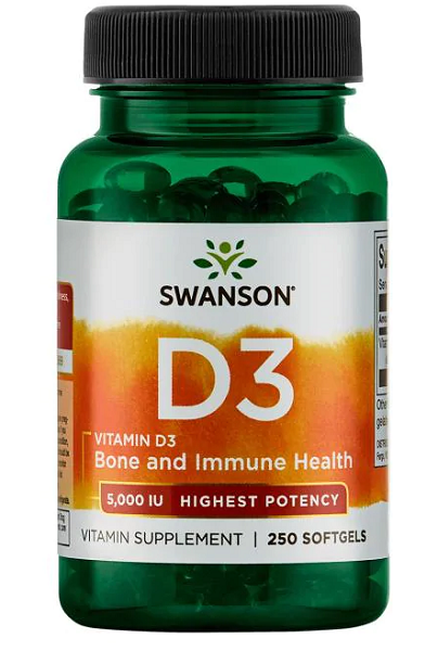 A bottle of Swanson Vitamin D3 - 5000 IU 250 softgel, a supplement specifically designed to support immune function and enhance calcium absorption with Vitamin D3.