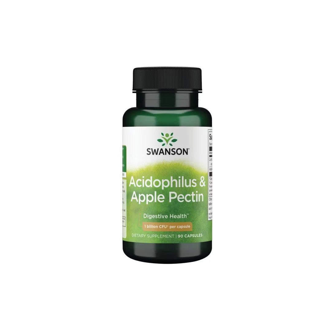 A bottle of Swanson Acidophilus & Apple Pectin 90 Capsules dietary supplement capsules for intestinal health.