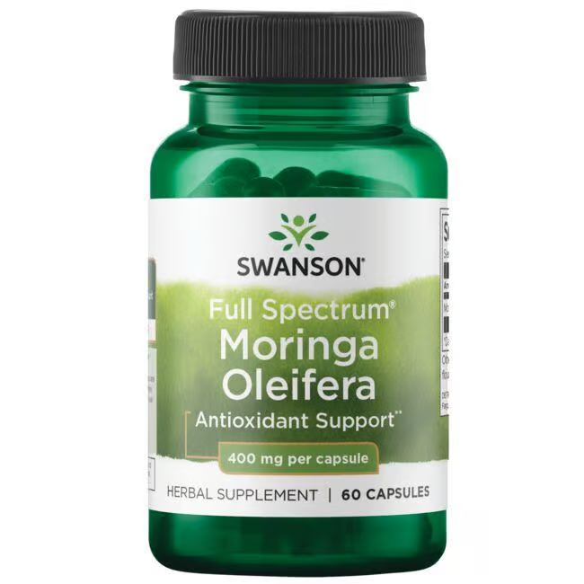 A Swanson green bottle labeled "Full Spectrum Moringa Oleifera, rich in phytonutrients for antioxidant support, 400 mg per capsule" contains 60 capsules.