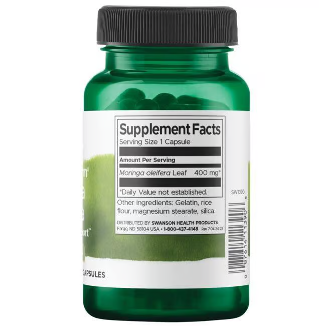 The Swanson Full Spectrum Moringa Oleifera 400 mg capsules come in a green bottle and are rich in phytonutrients. Supplement facts include Moringa Oleifera leaf, with other ingredients like gelatin, rice flour, and magnesium stearate.