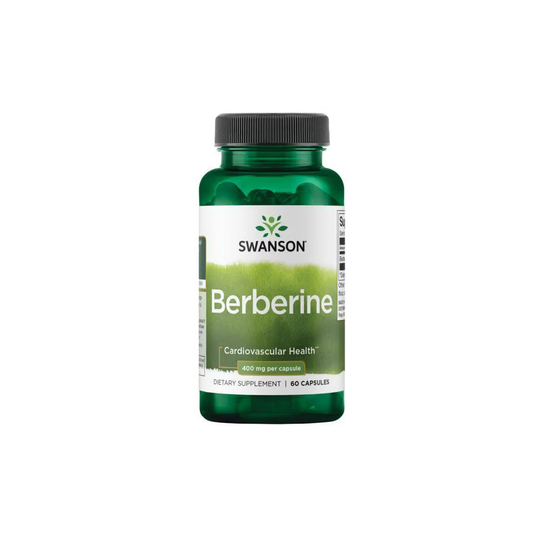 The "Swanson Berberine" supplement supports cardiovascular health and blood sugar metabolism, with 400 mg per capsule in a bottle containing 60 capsules.