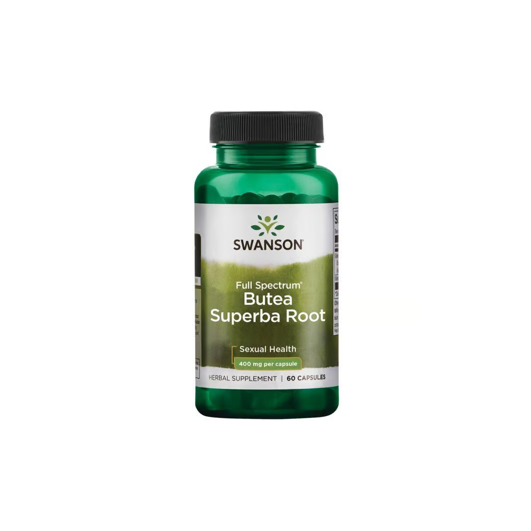 The green bottle labeled "Butea Superba Root - 400 mg 60 capsules" by Swanson is designed to enhance sexual vigor, with each capsule providing potent support for libido and overall sexual health.