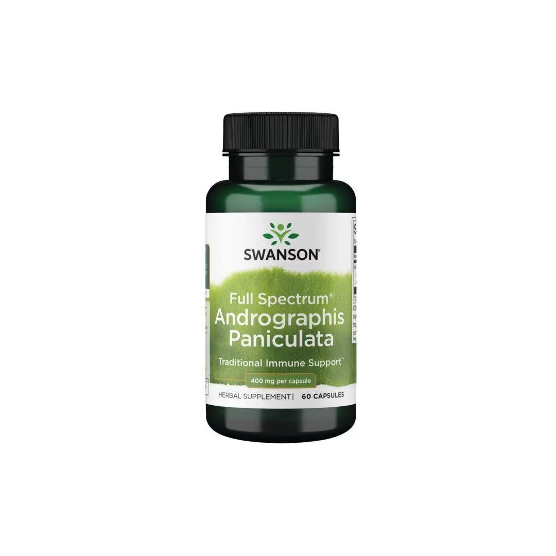 A bottle of Swanson Andrographis Paniculata 400 mg capsules, labeled as a herbal supplement for immune system support.