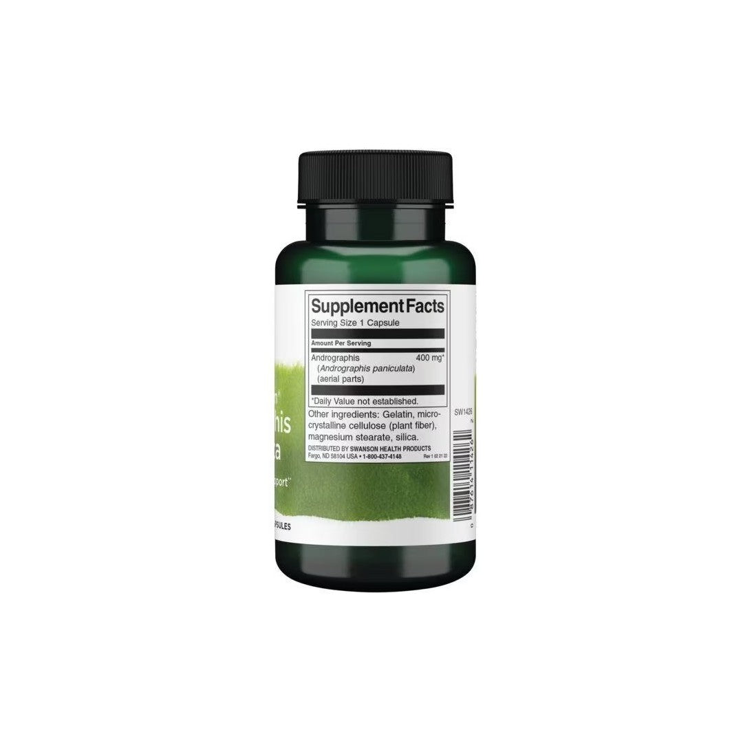 A bottle of Swanson Andrographis Paniculata 400 mg 60 Capsules, featuring a green label displaying nutritional information on the back for immune system support.