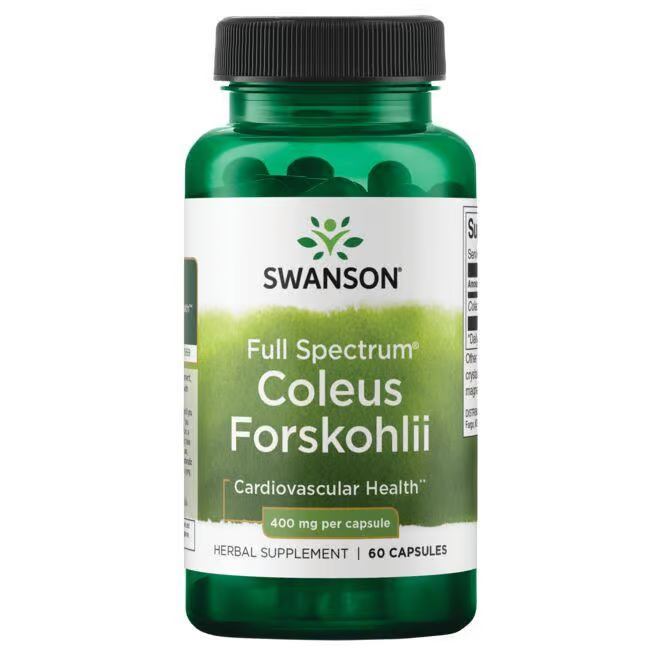 The Swanson Coleus Forskohlii 400 mg bottle has 60 capsules, aimed at supporting cardiovascular health and weight loss.