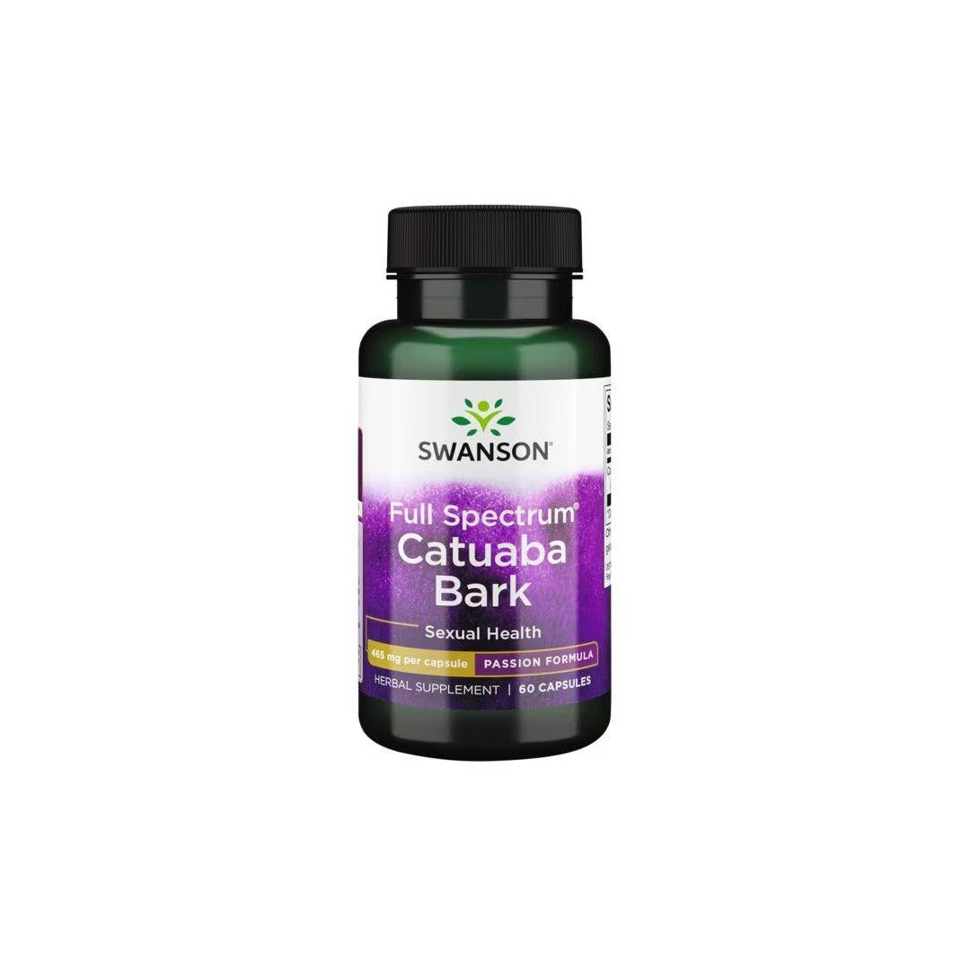 A bottle of Swanson Catuaba Bark 465 mg 60 Capsules supplement, labeled as a Brazilian aphrodisiac, containing 60 capsules.