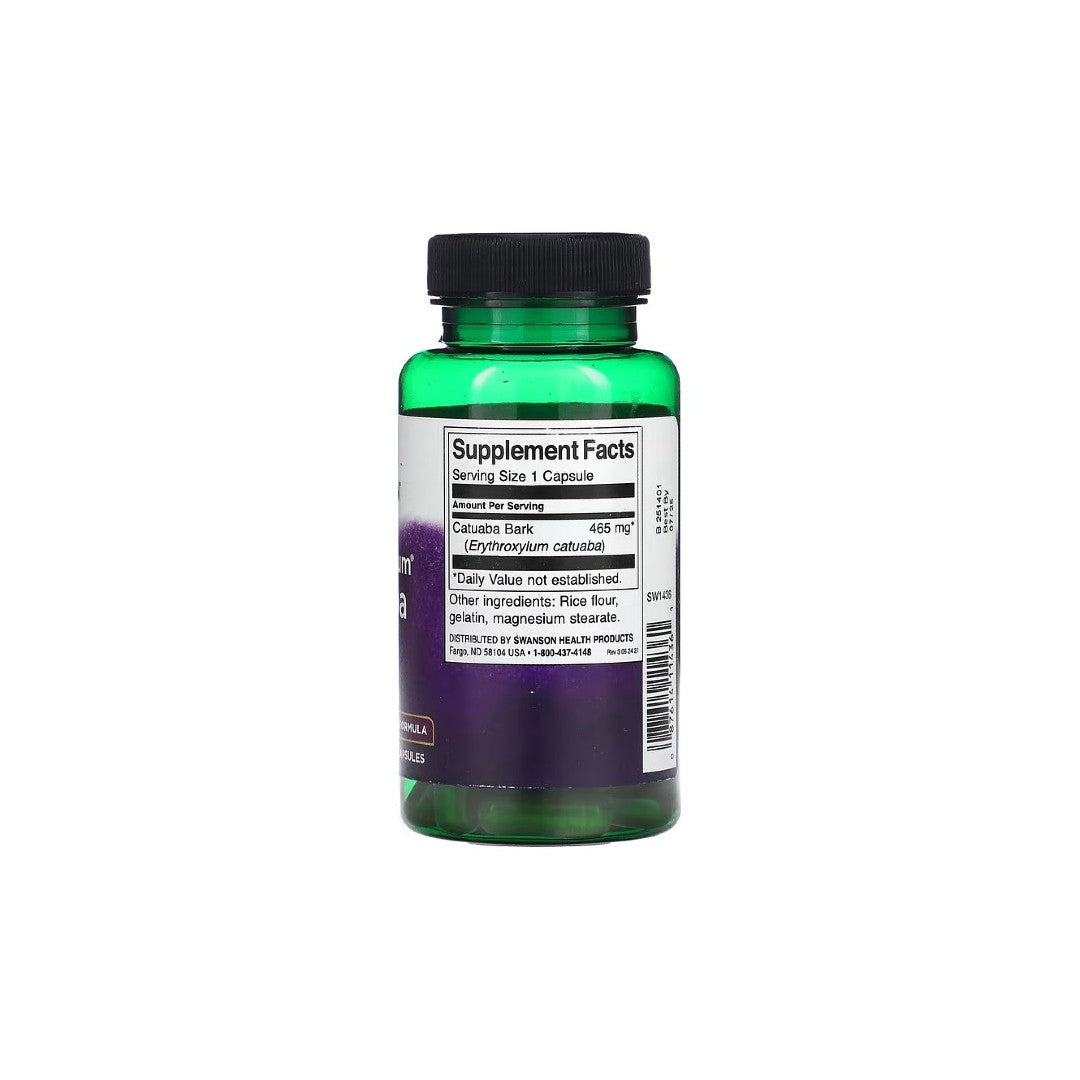 The product is Catuaba Bark 465 mg 60 Capsules by Swanson, packaged in a green bottle with a white label displaying supplement facts. It indicates that the serving size is one capsule containing 465 mg of Catuaba Bark, known as a renowned Brazilian aphrodisiac. Additional ingredients include rice flour, gelatin, and magnesium stearate.