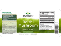 Thumbnail for Swanson Reishi Mushroom 600 mg Herbal Supplement - 60 Veggie Capsules. This supplement supports immune health and detoxification with the antioxidant properties of Reishi mushroom. Contains dosage information, ingredient list, and supplement facts.