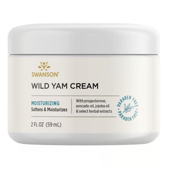 Swanson's Wild Yam Cream 59ml provides nourishing skincare with a moisturizing, paraben-free formula enriched with progesterone, avocado oil, jojoba oil, and select herbal extracts—ideal for menopause support.