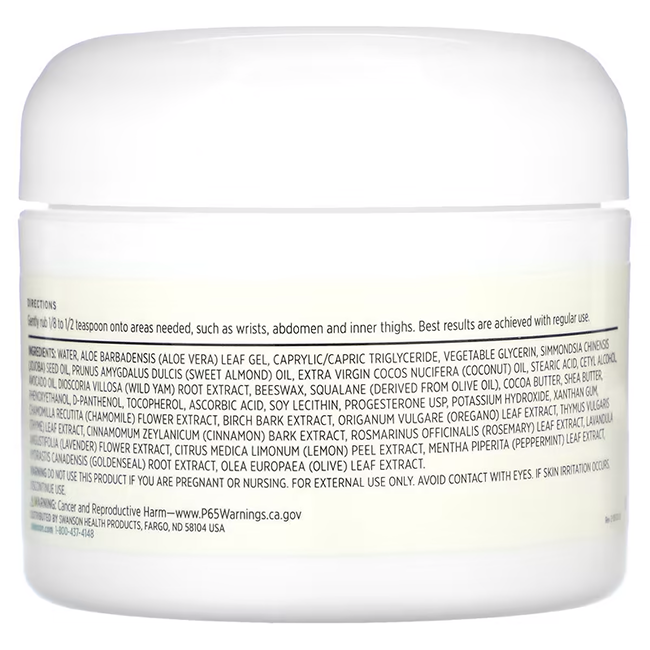 A 59ml jar of Swanson Wild Yam Cream with a label lists aloe, almond oil, and shea butter as ingredients. Ideal for skincare, it suggests applying a small amount to targeted areas for menopause support.