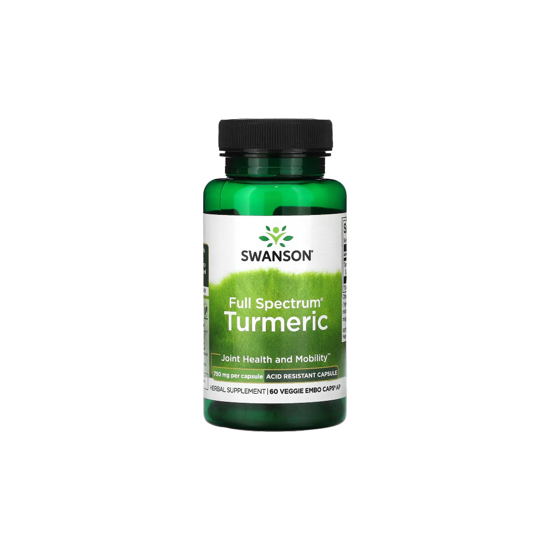 A green bottle labeled "Turmeric 750 mg 60 Veggie EMBO Caps AP" from Swanson. This dietary supplement, containing curcumin, is crafted to support joint health and mobility.