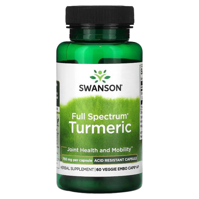 Swanson's Turmeric 750 mg supplement comes in a green bottle labeled for joint health and mobility with 60 acid-resistant veggie EMBO caps AP, each delivering potent curcumin to support an active lifestyle.