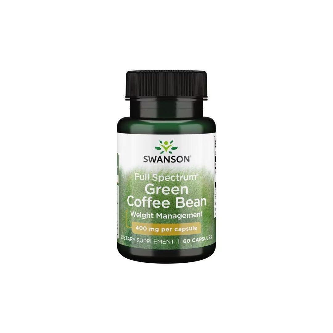 A bottle of Swanson Green Coffee Bean 400 mg 60 Capsules dietary supplement, enriched with antioxidants for weight management.
