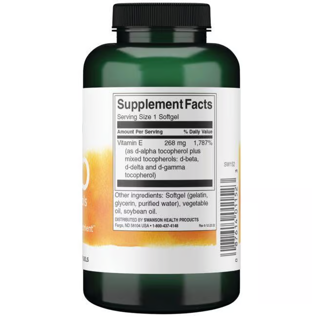 Swanson's Vitamin E-400 Mixed Tocopherols softgels come in a green bottle, highlighting antioxidant-rich tocopherols and essential supplement details.