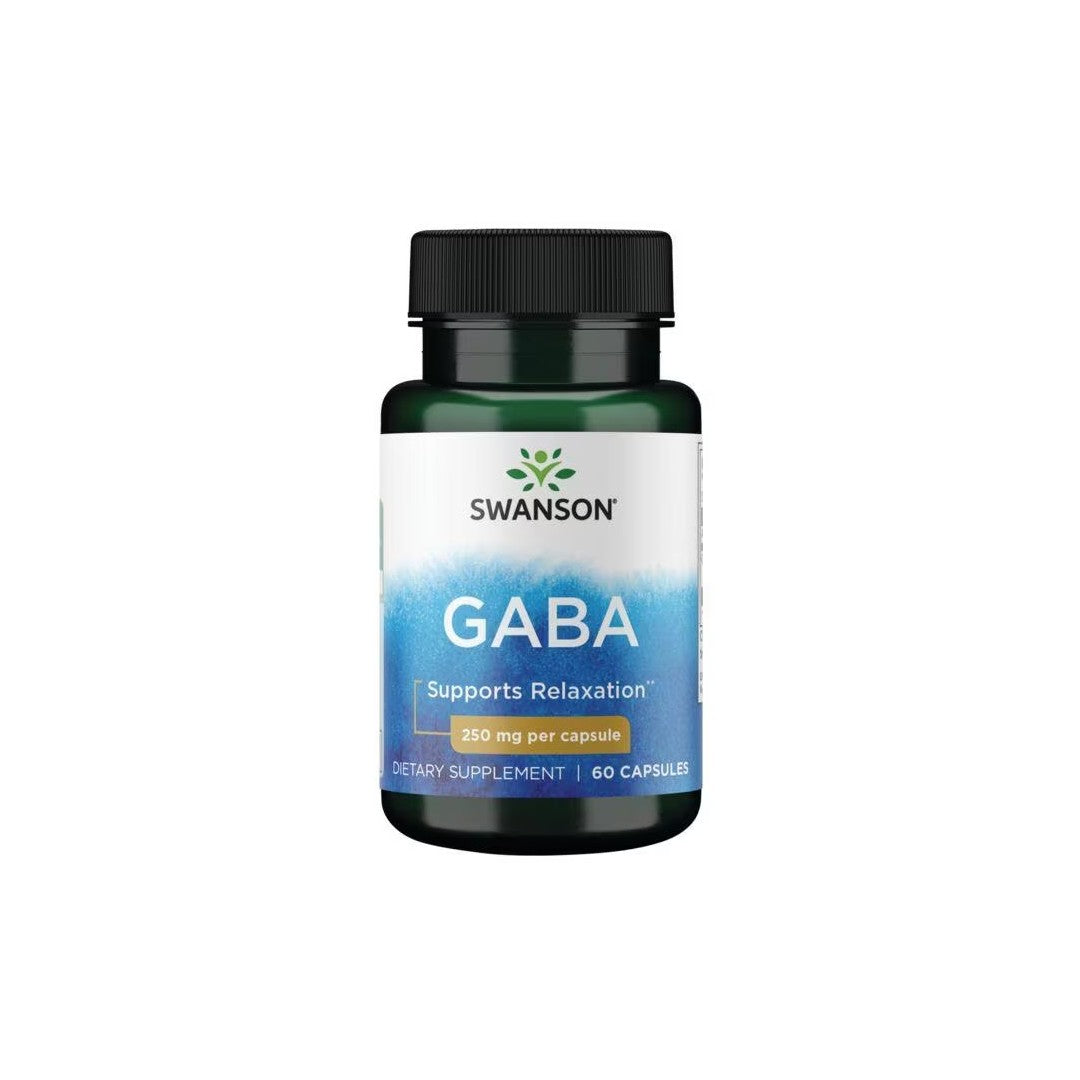 A bottle of Swanson GABA 250 mg 60 Capsules dietary supplement for stress relief, containing 250 mg per capsule with 60 capsules in the bottle.