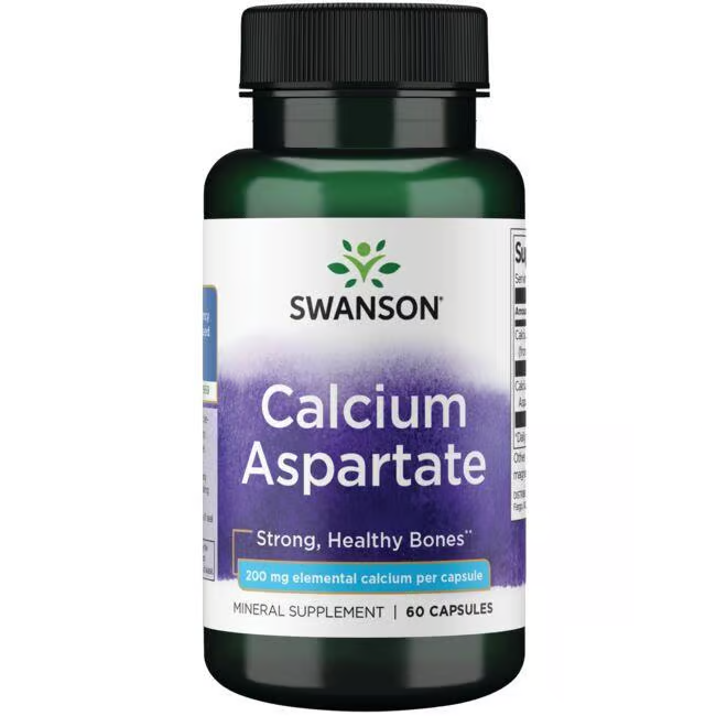 A bottle of Swanson's Calcium Aspartate 200 mg, containing 60 capsules, is labeled "Strong, Healthy Bones" and provides elemental calcium per capsule to support optimal bone health.