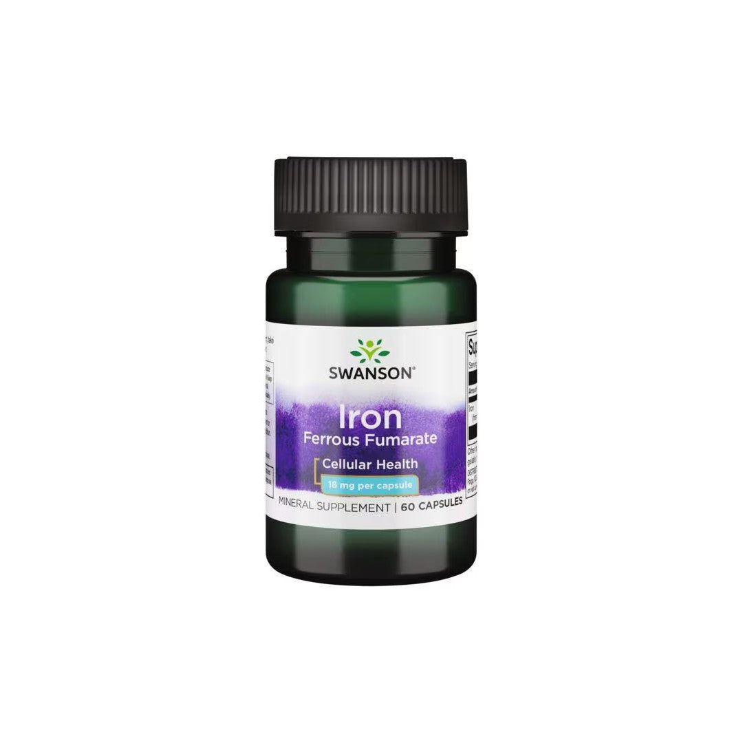 A bottle of Swanson Iron Ferrous Fumarate 18 mg 60 Capsules supplements containing 60 capsules for immune support and to help prevent anemia.