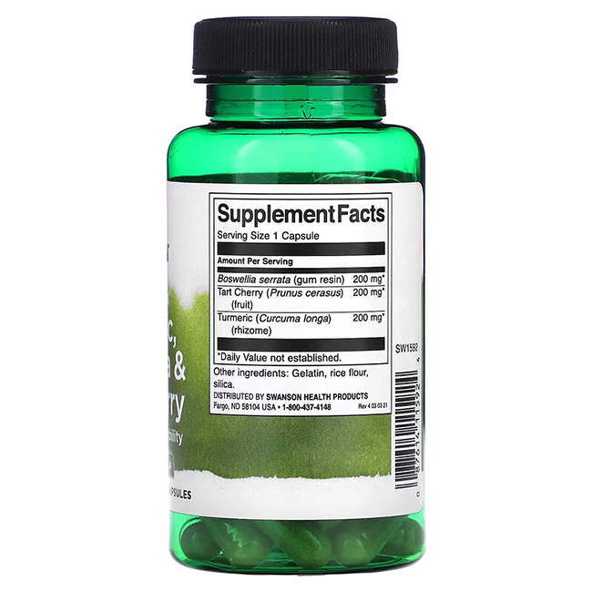 The green bottle of Swanson's Turmeric, Boswellia & Tart Cherry 60 Capsules features a clear label with a serving size of one capsule, combining Boswellia serrata, vibrant Tart Cherry, and potent Turmeric to support your wellness journey.