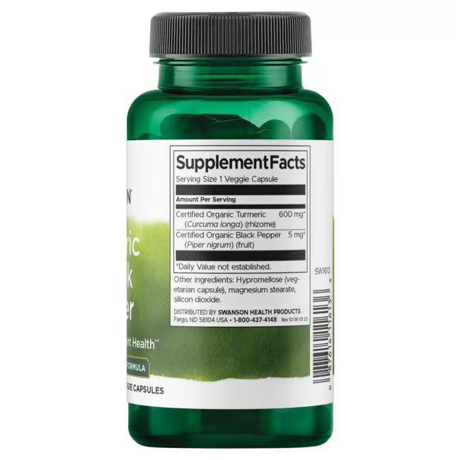 Swanson's Turmeric & Black Pepper 60 Veggie Capsules, in a green bottle labeled "Supplement Facts," are certified organic and expertly crafted to support joint health.