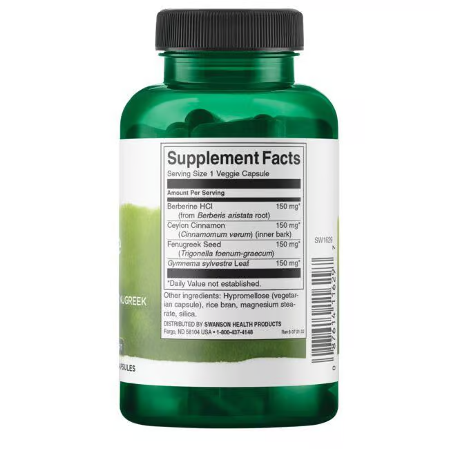 Swanson's Berberine Complex features Berberine HCl, Ceylon Cinnamon, and Fenugreek Seed in a green bottle with Supplement Facts. It provides cardiovascular health support in 1 veggie capsule format.