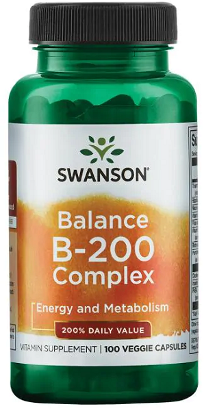 Eine Flasche Swanson Balance B-200 Complex zur Nahrungsergänzung.