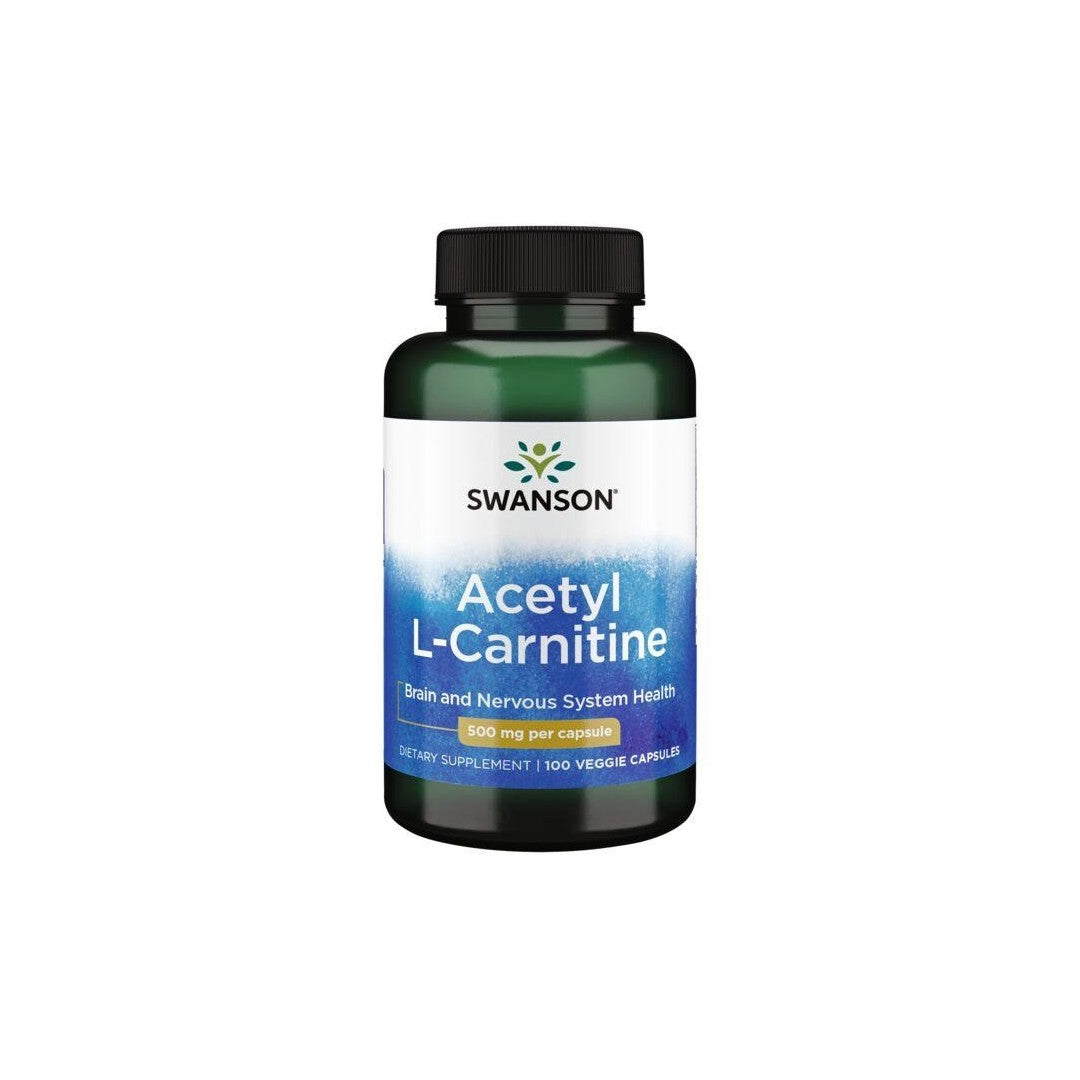 A bottle of Swanson Acetyl L-Carnitine 500 mg 100 Veggie Capsules dietary supplement for brain health and muscle recovery.