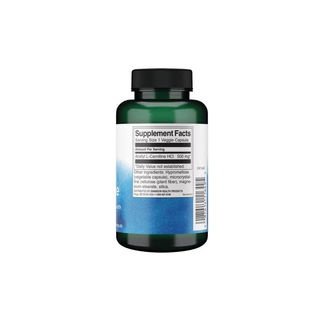 A bottle of Swanson Acetyl L-Carnitine 500 mg 100 Veggie Capsules with a label showing supplement facts and ingredients for muscle recovery.
