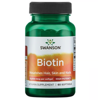 Thumbnail for Swanson's Biotin - 10000 mcg 60 softgel bottle is expertly designed to nourish hair and skin, featuring high-potency green softgels.