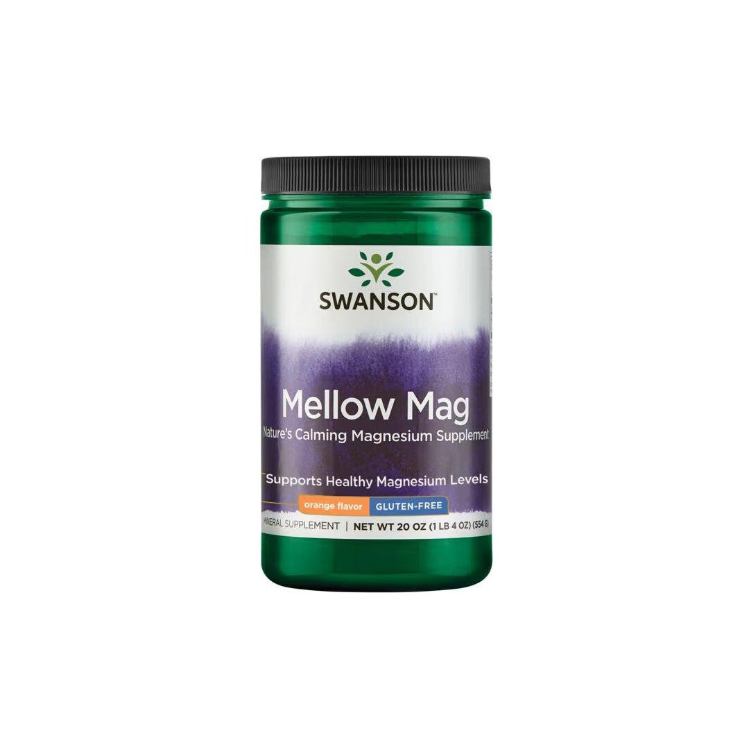 A green container of Swanson Mellow Mag - Orange Flavor 554 g, a calming magnesium supplement. The label states it supports healthy magnesium levels, bone and muscle health, and is gluten-free. Net weight: 20 oz (1 lb 4 oz) / 567 g.