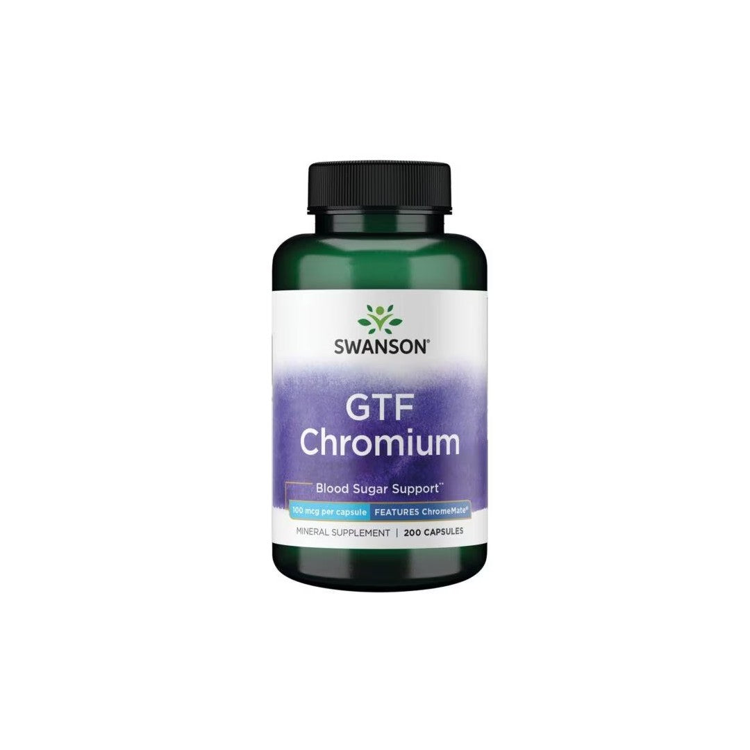 Bottle of Swanson GTF Chromium - Features ChromeMate 100 mcg 200 Capsules dietary supplement for glucose metabolism and blood sugar support.