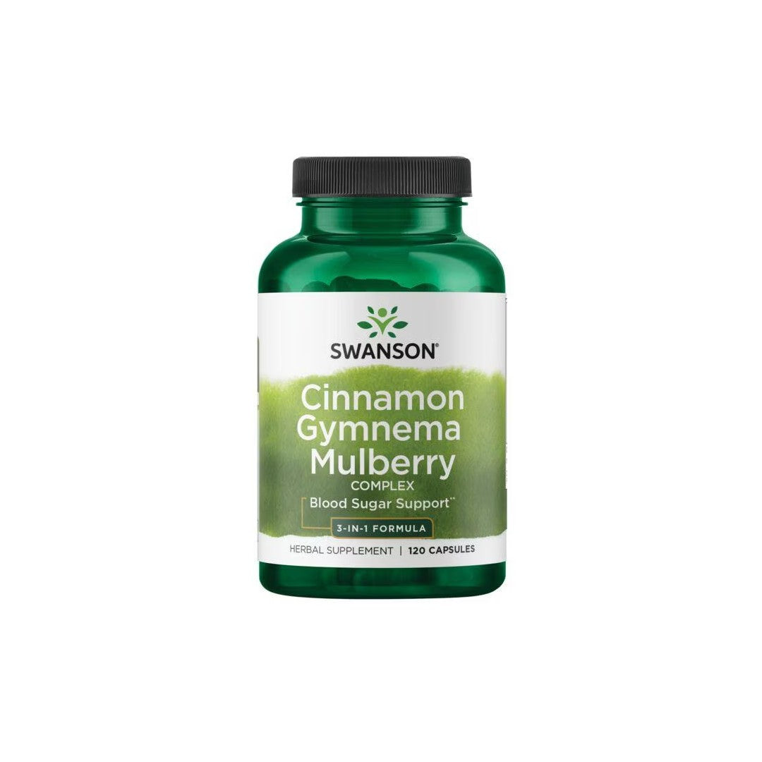 A bottle of Swanson Cinnamon, Gymnema & Mulberry Complex herbal supplement labeled for glucose metabolism, containing 120 capsules.
