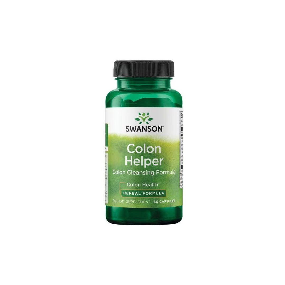 A bottle of Swanson Colon Helper 60 Capsules, a digestive system support formula dietary supplement containing Aloe Vera and Slippery Elm Bark.