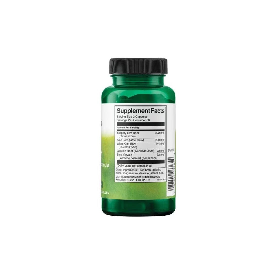 Swanson Colon Helper 60 Capsules bottle displaying nutritional information label and Aloe Vera for digestive system support.