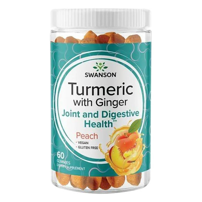 A container of Swanson Turmeric with Ginger 60 Gummies - Peach, formulated for joint and digestive health. These vegan and gluten-free peach-flavored gummies are packed with 60 gummies per container to support your wellness routine.